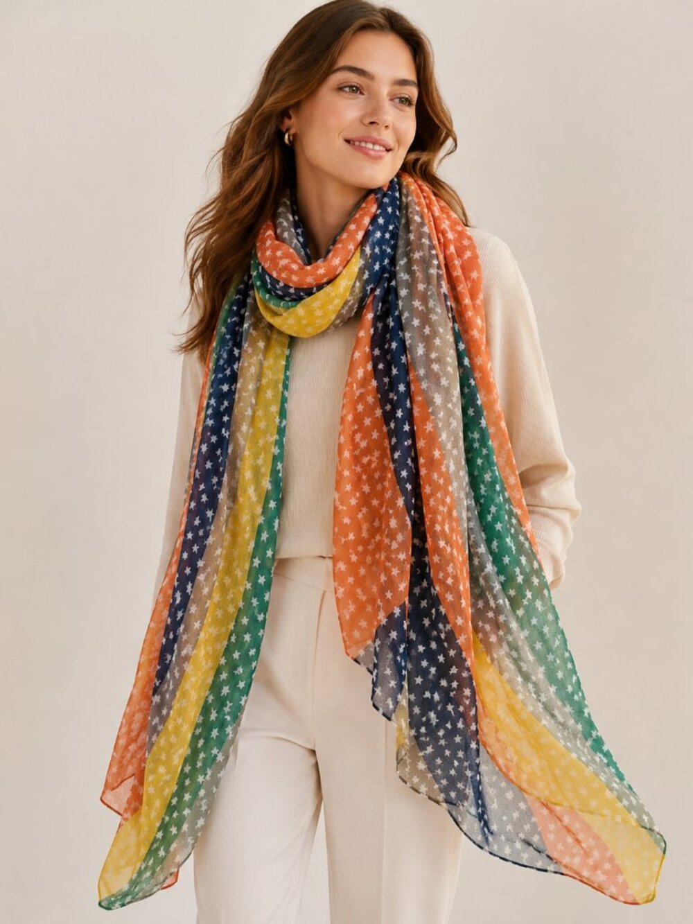 Oversized Striped Star Print Lightweight Scarf 70x40